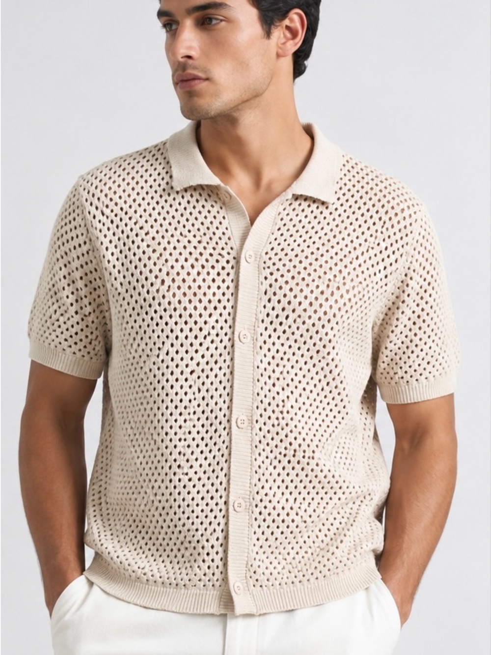 Men's Short-Sleeve Open-Knit Button Down Shirt in Cream